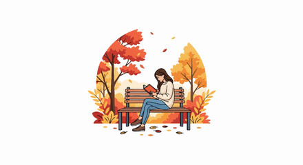 Woman reading on a bench under autumn trees with falling leaves