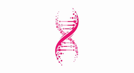 Pink DNA helix constructed from geometric shapes and dots on a white background