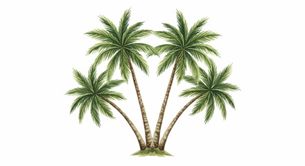 Obraz premium A watercolor depiction of four stylized palm trees with green fronds and brown, textured trunks, arranged in a symmetrical cluster on a patch of ground