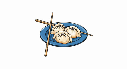 Three steamed dumplings with chopsticks on a blue plate