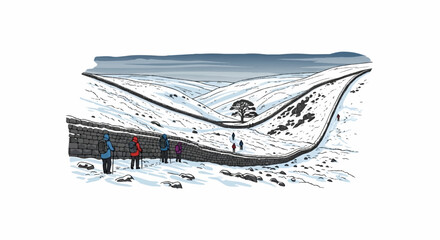 Hikers traverse a snow-covered landscape with a stone wall and a lone tree