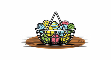 A wire basket overflows with vibrantly colored, patterned Easter eggs on a wooden surface