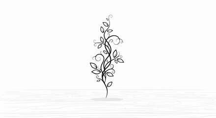 A stylized black vine with leaves and curls gracefully climbs on a white background