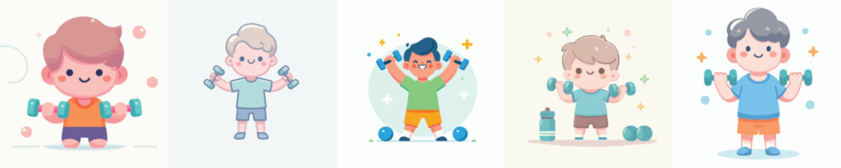 Obraz na płótnie Canvas Vector Illustration of a Cute Kids Lifting Dumbbells