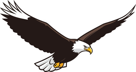 A cartoon bald eagle with wings spread wide in flight against a white background