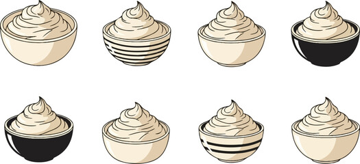 Eight bowls of creamy, swirl-topped dessert or sauce are depicted