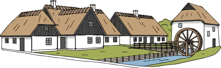 A quaint, thatched-roof mill beside a row of white-washed cottages near a stream