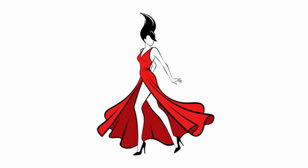 Stylized figure in a flowing red gown, dramatic pose, high heels