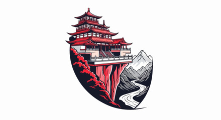 An ornate, multi-tiered red temple perches precariously on a cliff, overlooking a winding river