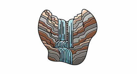 Stylized layered rock formation with a cascading waterfall in the center