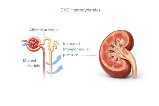 Photorealistic 3D Diabetic Kidney Disease: progressive fibrosis: central kidney model: Progressive fibrosis, surrounded by three clean nodes Metabolic dysregulation, Hemodynamic changes, Inflammation