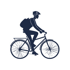 Obraz premium A cyclist rides a bicycle on a road, viewed from the side, with a backpack and helmet.