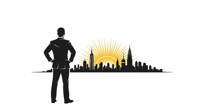 Silhouette of a man in a suit facing a rising sun over a city skyline
