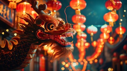 Obraz premium Festive Night Celebration Featuring a Dragon Dance Moving Through a Street of Glowing Lanterns in Dramatic Cinematic Light