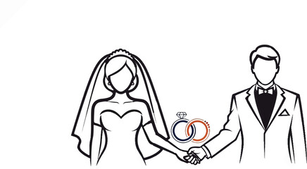 A stylized sketch of a bride in a veil and a groom in a suit, holding hands with wedding rings between them