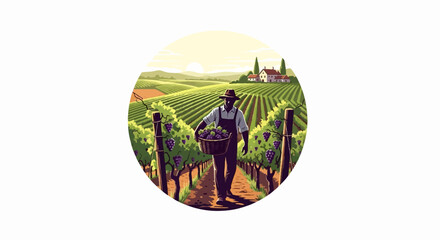 Farmer carrying basket of grapes through vineyard with rolling hills and houses in background