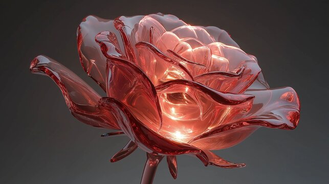 Stunning translucent red glass rose glowing with inner light, intricate crystal flower sculpture with light refraction and elegant details against a dark atmospheric background