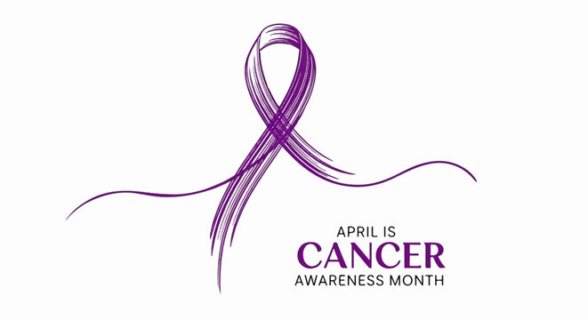 Purple ribbon art with text "April is Cancer Awareness Month" on white background