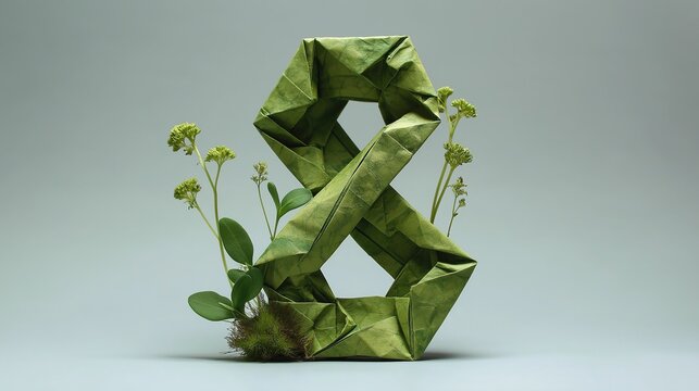 Creative paper folded digit eight made of green leaf textures with small blooming flowers and moss at the base symbolizing spring renewal botanical art and ecological awareness