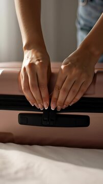 Close-up of woman hands zipping a rose gold suitcase on a white bed, symbolizing travel preparation and vacation packing concepts