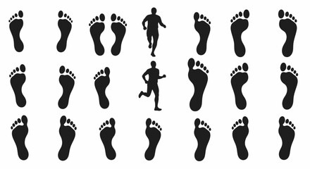 A collection of black human footprints and running person silhouettes arranged on a white background, illustrating movement and walking patterns.
