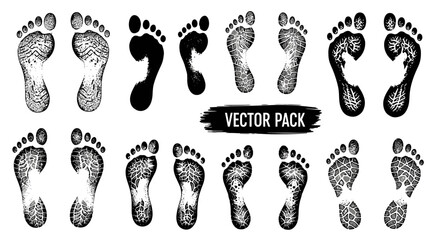 Collection of various human footprints and foot sole prints in black, showing different textures and shapes, isolated on white background as a vector pack.
