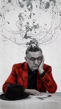 An illustrative animation of a stressed man in a red jacket with his mind exploding into chaotic letters, symbolizing creativity overload and writer's block.