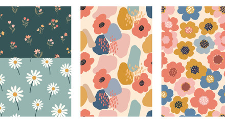 Seamless Vintage Floral Pattern Collection with Soft Pastel and Dark Botanical Backgrounds