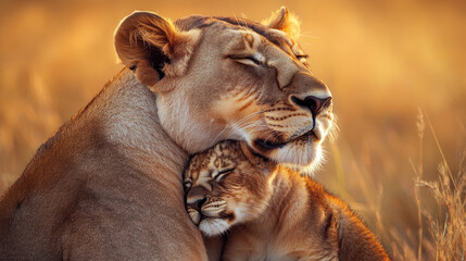 Obraz premium Two lionesses embracing in a tender and heartwarming display of affection. Their eyes are closed, emphasizing a deep connection, and the setting sun casts a warm glow upon them AI Generative