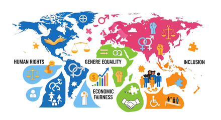 A vibrant infographic illustration depicting World Social Justice Day with diverse icons and symbols on a world map background, promoting equality, human rights, and inclusion.