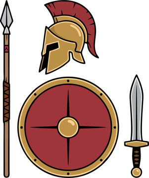 Spartan Hoplite Gear Set: Dory Spear, Red Aspis Shield with Bronze Boss, Plumed Golden Helmet and Xiphos Sword Flat Vector Illustration