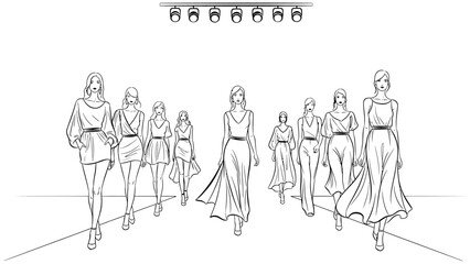 Obraz premium fashion models walking runway showcasing stylish fashion under spotlights in a minimalist line art illustration.