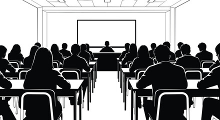 Black and white silhouette of students sitting at desks in a classroom facing a teacher and whiteboard for educational training and seminar background © MstRupali