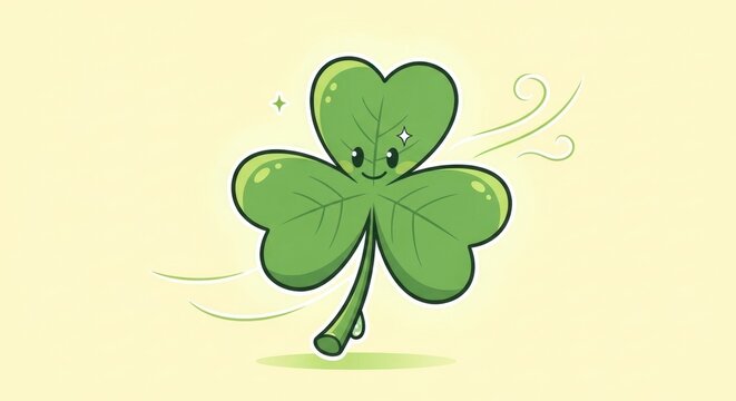 A cute, green, four-leaf clover with a smiley face on a yellow background.
