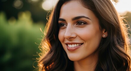 Fototapeta premium A woman with long, dark hair smiling outdoors.