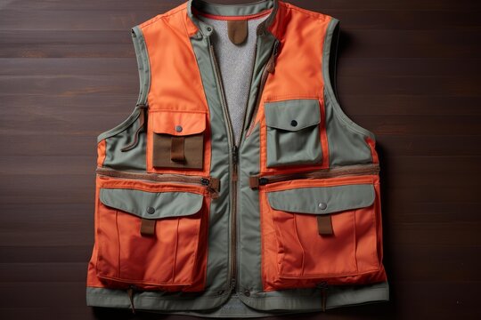 Orange and green hunting vest with many pockets lying on wooden background