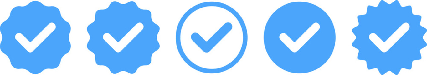 Account verify icon, verified badge icon with check mark tick symbol : confirmed, approved, verification icons.