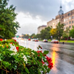 Obraz premium A beautiful wet street in a city with a flowerbed full of white and red flowers, cars driving past, and a building in the background, on a cloudy day