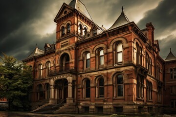 Old brick mansion standing against a dramatic cloudy sky, exuding a mysterious atmosphere
