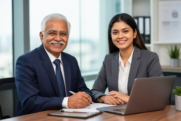 Obraz premium Happy senior Indian executive and young Asian female consultant collaborate over laptop and documents in modern city office