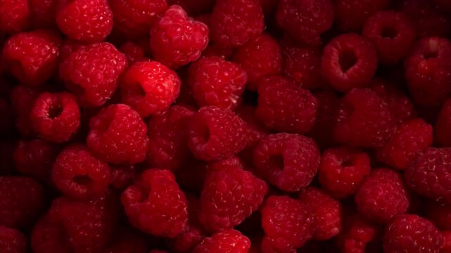 Top view of fresh raspberries harvest illuminated by sunlight filtering through trees. Natural light spots move across vibrant berries, highlighting texture, freshness and organic summer abundance.