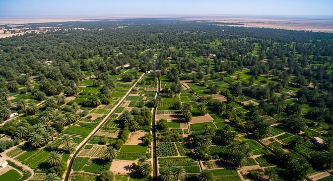 Aerial view of palm trees and irrigation channels in Gabes Oasis at midday