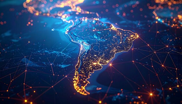 South American continent glows with networked connections in a futuristic, globalized representation on a vibrant blue background