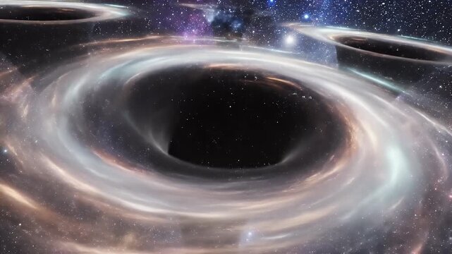 A deep space artistic rendering of a black hole with light bending around the event horizon