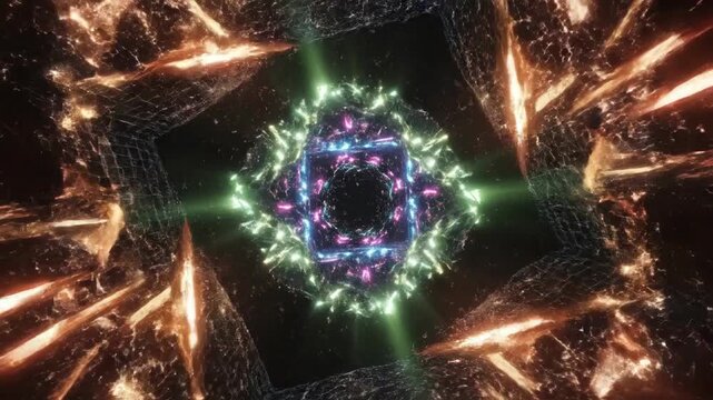 A square portal is surrounded by golden explosions on a dark background