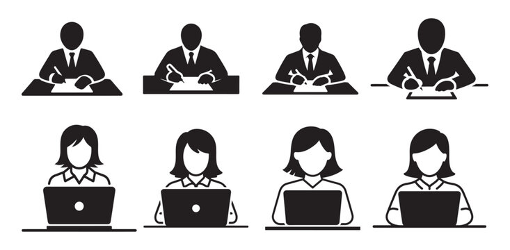 Male and female business professional silhouettes working on laptops. vector illustration eps 10