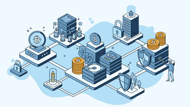 Complex isometric illustration of a cryptocurrency mining facility with secure server racks and bitcoin digital currency.