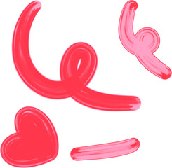 Obraz premium Glossy Red Pink Brush Stroke Swirl Line Decorative Elements Isolated Transparent PNG Romantic Doodle Accent Set