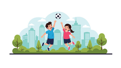 Fototapeta premium Happy children jumping to catch soccer ball in city park with skyscrapers and green trees under bright sky background illustration.