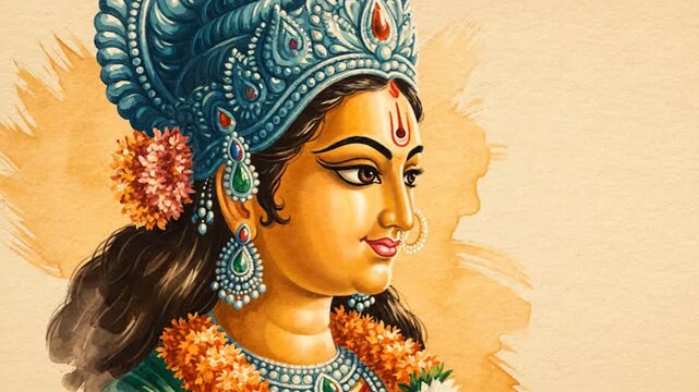 Beautiful Watercolor Portrait of Goddess Durga Hindu Deity Artwork